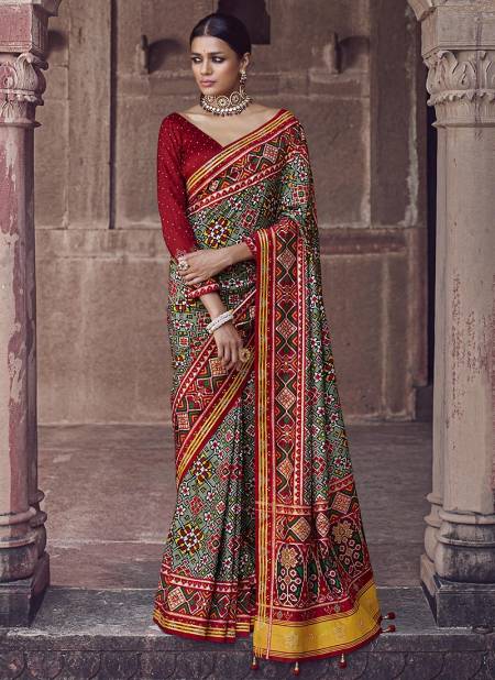 Red Colour BK Rewaa Patola Silk Wedding Wear Hand Printed With Heavy Jacquard Border and swarovski work Saree Collection 111